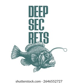A detailed vintage style illustration of an anglerfish with the text Deep Secrets. The image is perfect for t-shirt designs posters and other nautical themed projects.