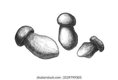 Detailed vintage style sketch of three mushrooms in black and white