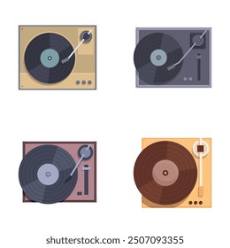 Detailed vintage turntable set illustration in colorful retro style with stylized equipment and modern flat design, perfect for music graphic design collection