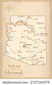 Detailed vintage vector map of Arizona. Retro design featuring the Grand Canyon, cities, and deserts on old paper. 