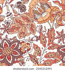 Um padrão floral detalhado inspirado em vintage em formato vetorial apresentando tons terrosos quentes. Esta ilustração sem costura combina tecido, papéis de parede e papelaria.