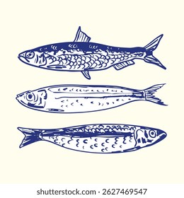 Detailed vintage-style drawing of three individual sardines in blue ink. Ideal for seafood branding, packaging, cookbooks, and culinary-themed design.