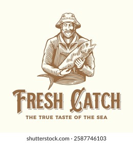 A detailed vintage-style fisherman emblem logo featuring a smiling fisherman holding a freshly caught fish