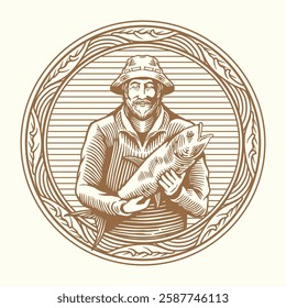 A detailed vintage-style fisherman emblem logo featuring a smiling fisherman holding a freshly caught fish