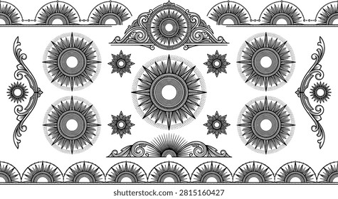 Detailed vintagestyle sun and celestial vector design elements, featuring ornate sunbursts, decorative flourishes, and intricate border patterns transparent background