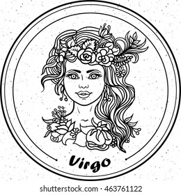 Detailed Virgo in aztec filigree line art zentangle style. Tattoo, coloring page for adult. T-shirt design. Zodiac Virgo tribal, decorative wool pattern. Vector
