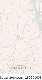 Detailed warm-toned vector road map of Abbeville in Alabama, United States, showcasing local highways, rural street networks, water bodies, and geographic coordinates set against a muted beige backdrop.