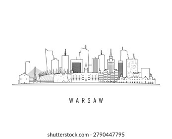 Detailed Warsaw skyline vector illustration. Warsaw buildings in line art style, perfect for modern designs.