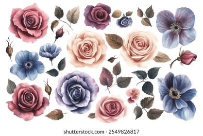 Uma detalhada coleção floral aquarela com rosas e anêmonas em tons rosa, azul e roxo, complementada por folhas e botões de flores.
