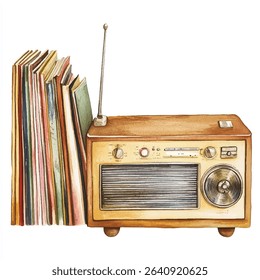 A detailed watercolor illustration depicts a classic radio with a tall antenna, accompanied by a stack of colorful vinyl records.