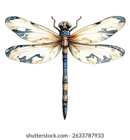 Detailed watercolor illustration of a dragonfly. Features patterned wings and a segmented blue and brown body. The dragonfly faces forward with antennae raised.