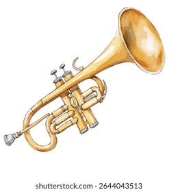 A detailed watercolor illustration of a golden trumpet, angled slightly, showcasing its valves and bell.