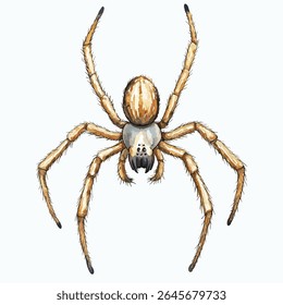 A detailed watercolor illustration of a spider, showcasing its body and legs. The spider is viewed from a front-facing perspective.
