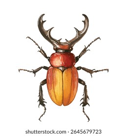 Uma ilustração em aquarela detalhada de um besouro-macho, mostrando suas galhadas proeminentes, corpo segmentado e seis pernas. O besouro é renderizado em tons de marrom, vermelho e amarelo.