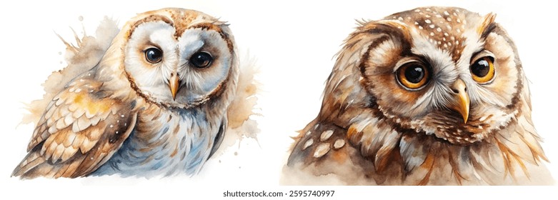 Detailed watercolor owls, realistic animal portraits, soft color palette, nature illustration, wildlife art, artistic expression.