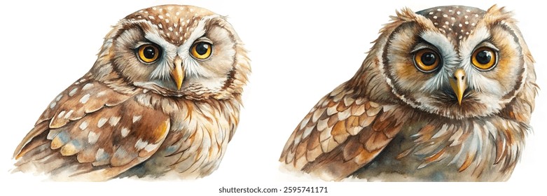 Detailed watercolor owls, vibrant colors, realistic illustration, nature art, wildlife portrait, artistic expression, animal lovers.