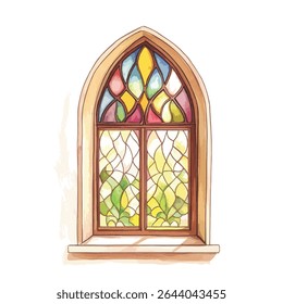 A detailed watercolor painting of a Gothic arched window featuring multicolored stained glass panes, showcasing intricate designs and warm light.