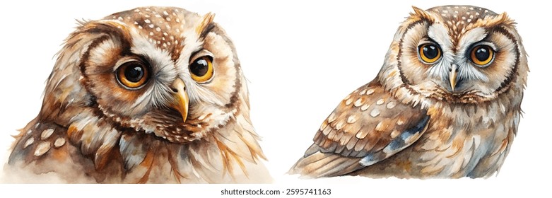 Detailed watercolor painting, realistic owl portraits, vibrant colors, wildlife art, nature illustration, animal lovers, decorative prints.