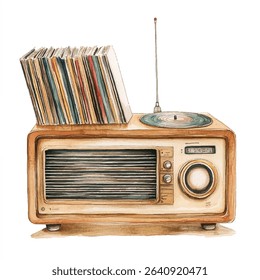 A detailed watercolor painting of a retro radio with a stack of vinyl records on top, a turntable, and a long antenna.