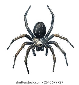 A detailed watercolor painting of a spider, showcasing its segmented body, spiky legs, and upward-pointing antennae.