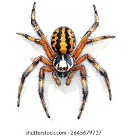 A detailed watercolor painting of a spider, viewed from above, showcasing its vibrant orange and black striped abdomen and hairy legs.