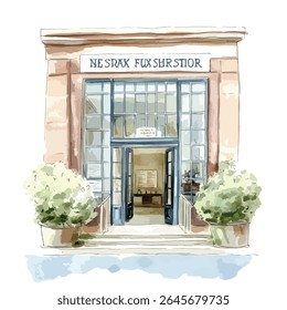 A detailed watercolor sketch of a European building entrance, featuring large windows, double doors, and potted plants. The building's facade is light brown, and the windows are a muted gray-blue.