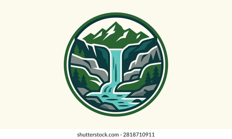 Detailed waterfall badge featuring green trees and falling water.