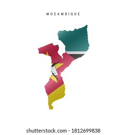 Detailed waving flag map of Mozambique. Vector map with masked flag.