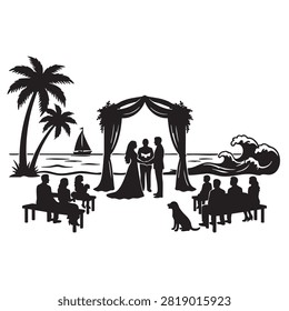 Detailed wedding scene silhouette featuring bride groom and officiant under decorated arch. Guests watching on benches with palm trees and ocean waves background. Beautiful tropical marriage celebration graphic element for event planning websites travel blogs or romantic wedding invitation cards.