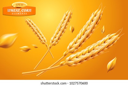 Detailed wheat ears, oats or barley isolated on a yellow background. Natural ingredient element. Healthy food or agriculture, bread or crop theme. Vector realistic 3d illustration.