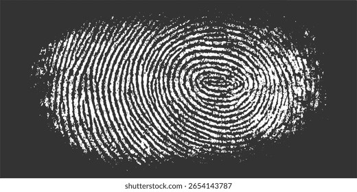 Se muestra un patrón de huellas dactilares blanco detallado con crestas concéntricas sobre un fondo gris oscuro.