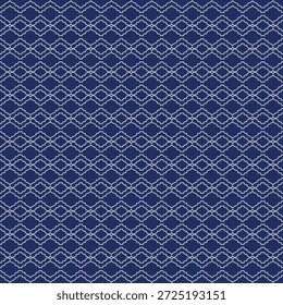 A detailed white lattice Islamic pattern set against a dark blue backdrop. The symmetrical design creates a sense of harmony and balance, with each segment meticulously woven together to form a cohesive and visually appealing motif.