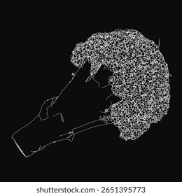 A detailed white line art contour of broccoli on a black background, minimalist vector illustration with clean strokes and high contrast. This simple yet elegant design is perfect for organic food.