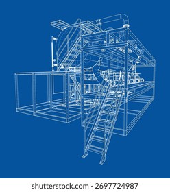 A detailed white line blueprint of complex industrial machinery with stairs and pipes on a blue background. Vector. 3D Illustration
