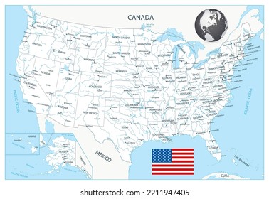 Detailed white map of USA with cities and towns. Highly detailed editable political map.