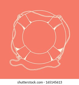 Detailed white outlines nautical life buoy isolated on red background. Ship element. Vector illustration.