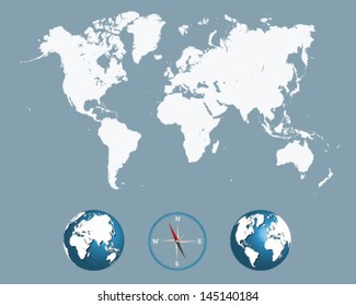 Detailed white world map with compass and globe-vector
