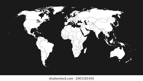 Mapa detallado del mundo blanco sobre fondo negro. Ilustración vectorial.