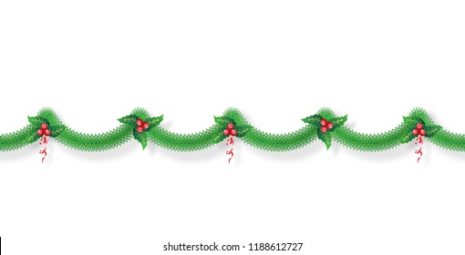 Detailed wide christmas garland. Seamless xmas border with fir branches isolated on white background. Vector decoration for holiday designs.