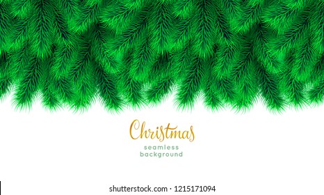 Detailed Wide Christmas Garland. Seamless Xmas Border With Fir Branches Isolated On White Background. Vector Decoration For Holiday Designs.