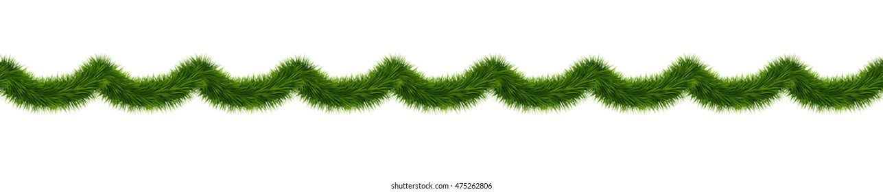 Detailed wide christmas garland. Seamless xmas border with fir branches isolated on white background. Vector decoration for holiday designs.