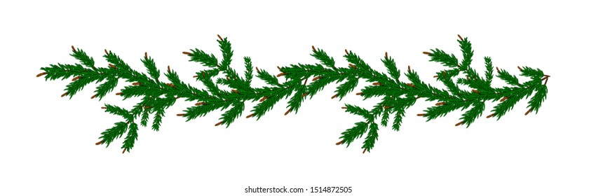 Detailed wide Coniferous christmas garland. Xmas border with fir branches without decorations. Realistic wreath tree for New Year design. Vector Pine needles to create your holiday bouquet 