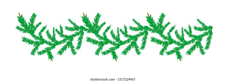 Detailed wide Coniferous christmas garland. Xmas border with fir branches without decorations. Realistic wreath tree for New Year design. Vector Pine needles to create your holiday bouquet 