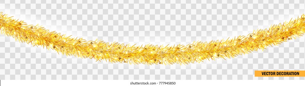 Detailed wide golden christmas garland. Xmas tinsel border isolated. Vector decoration for holiday design, website header decoration, print design. Curved festive frippery. realistic decor element.