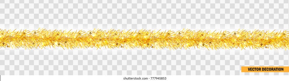 Detailed wide golden christmas garland. Xmas tinsel border isolated. Vector decoration for holiday design, website header decoration, print design. Straight festive frippery. realistic decor element.