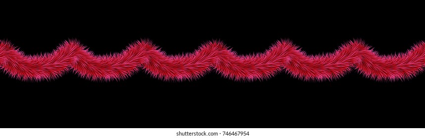 Detailed wide red christmas garland. Seamless Xmas tinsel border isolated on black background. Vector decoration for holiday designs. Curved festive frippery.