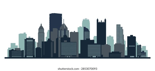 A detailed wide-angle panoramic vector artwork depicting the urban landscape of Pittsburgh, Pennsylvania. The scene showcases the confluence of the three rivers, multiple yellow steel suspension bridges, iconic glass-walled skyscrapers, and the lush greenery of a waterfront park during daylight.