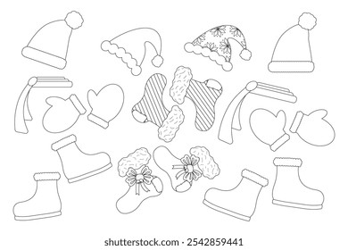 Detailed winter clothing coloring page featuring hats, mittens, boots, scarves, and socks. Perfect for fun and creative holiday activities.