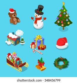 Detailed winter holiday object icon set of teddy bear snowman spruce village house gift hat sledge wreath. Merry Christmas Happy New Year flat 3d isometric concept web infographics vector  template