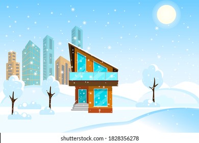 Detailed winter house. Snowy day in the Christmas panorama of the city. Vector illustration